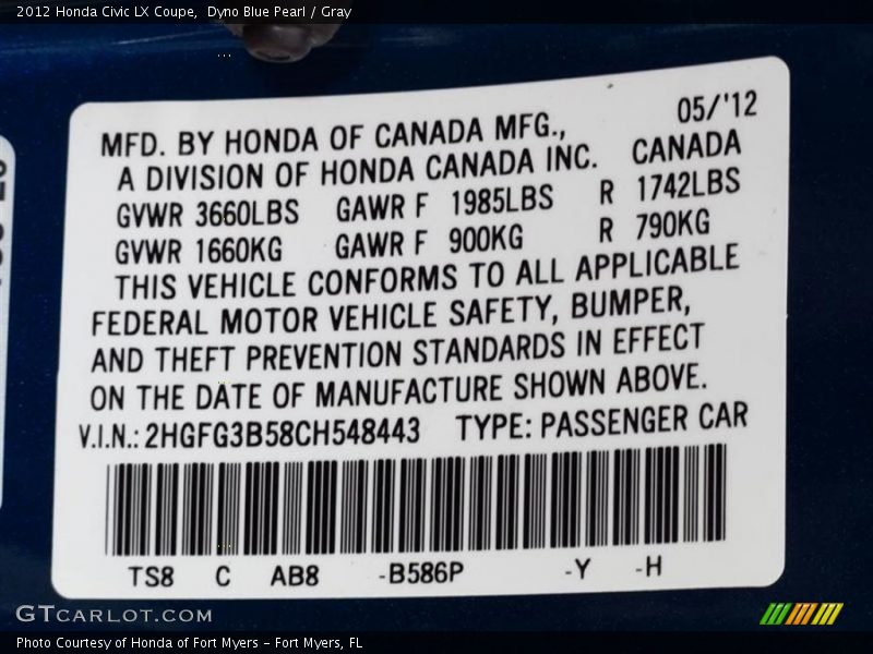 Dyno Blue Pearl / Gray 2012 Honda Civic LX Coupe