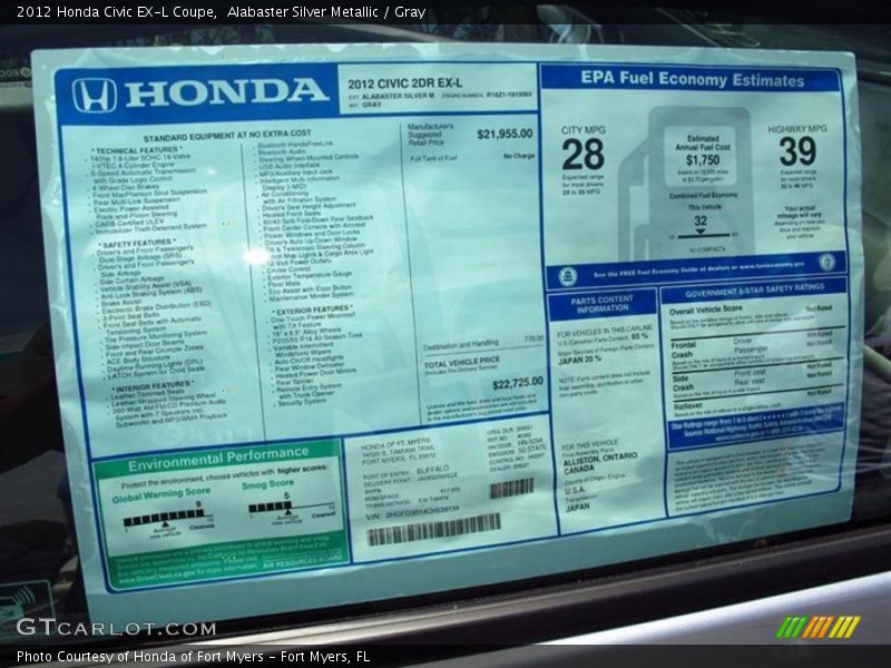 Alabaster Silver Metallic / Gray 2012 Honda Civic EX-L Coupe