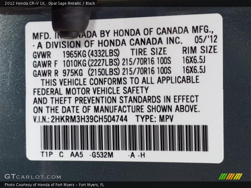 2012 CR-V LX Opal Sage Metallic Color Code G532M