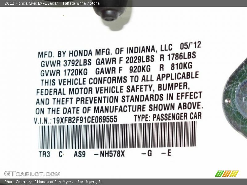 Taffeta White / Stone 2012 Honda Civic EX-L Sedan