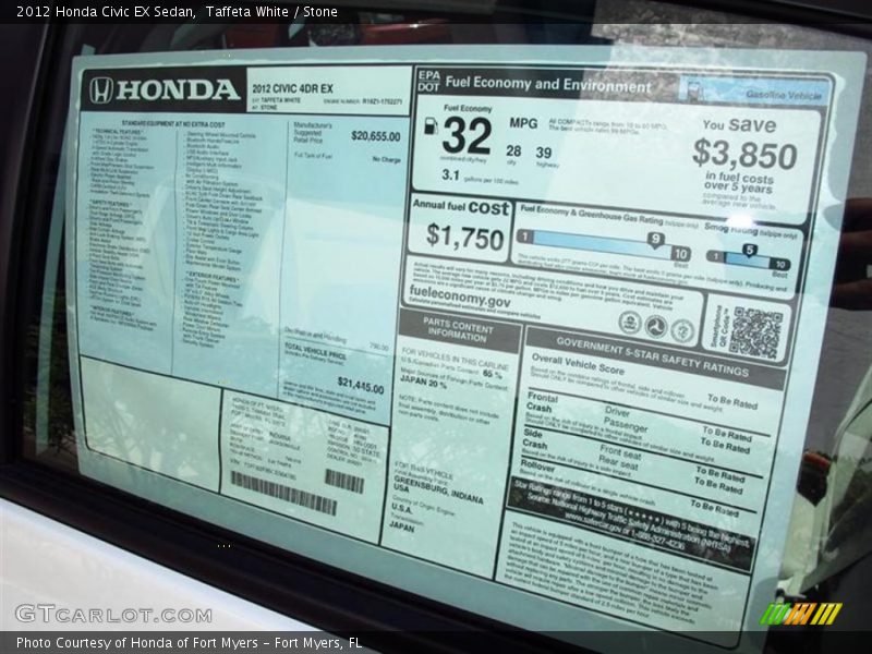 Taffeta White / Stone 2012 Honda Civic EX Sedan