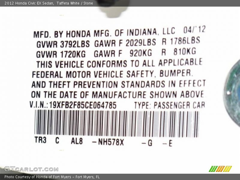 Taffeta White / Stone 2012 Honda Civic EX Sedan