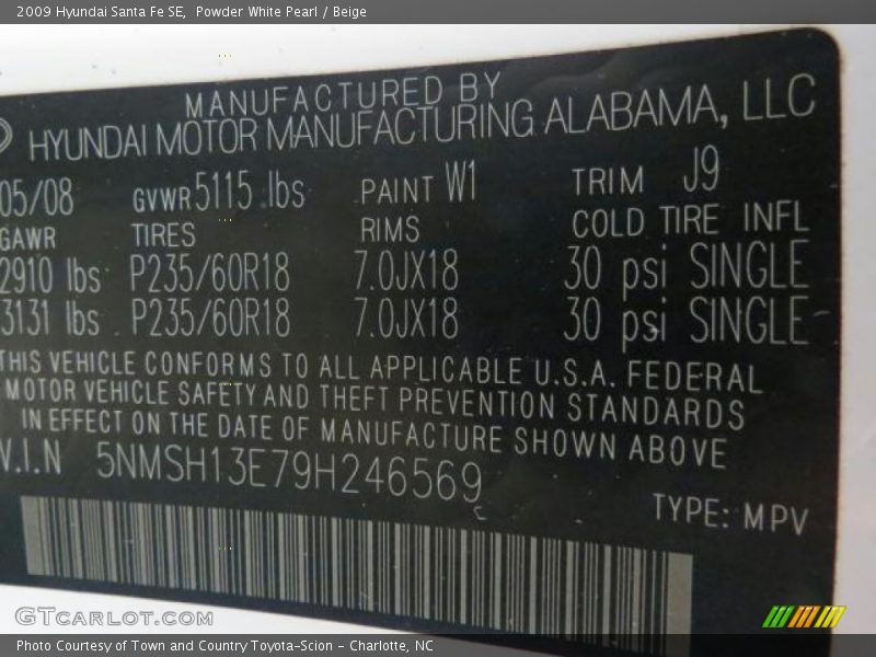 Powder White Pearl / Beige 2009 Hyundai Santa Fe SE
