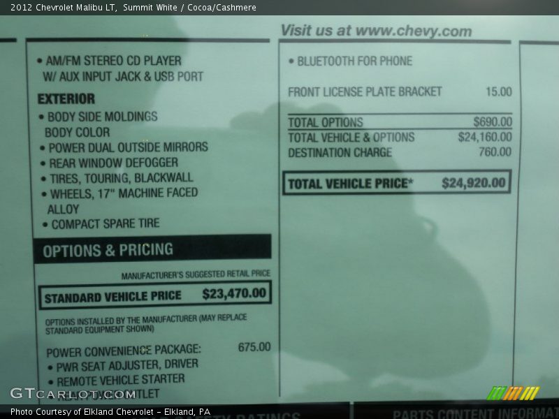 Summit White / Cocoa/Cashmere 2012 Chevrolet Malibu LT