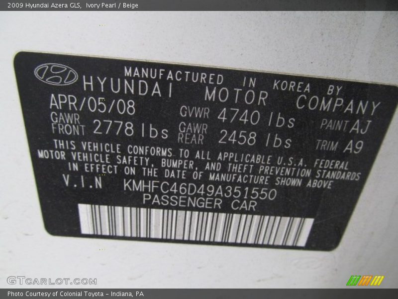 Ivory Pearl / Beige 2009 Hyundai Azera GLS