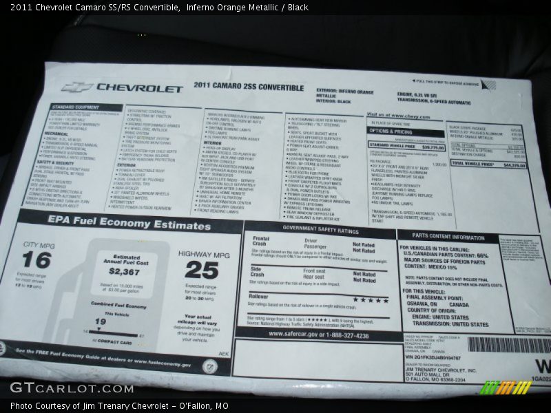  2011 Camaro SS/RS Convertible Window Sticker