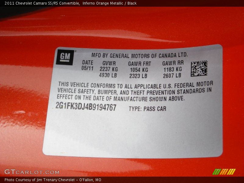 Info Tag of 2011 Camaro SS/RS Convertible
