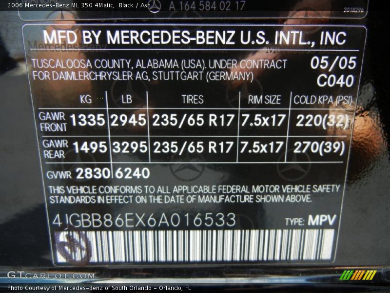 2006 ML 350 4Matic Black Color Code 040