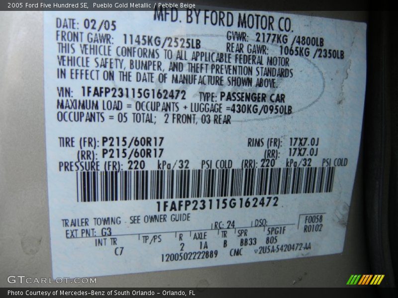 2005 Five Hundred SE Pueblo Gold Metallic Color Code G3