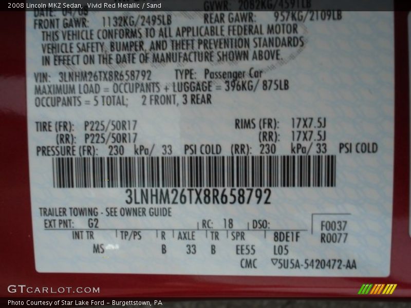 Vivid Red Metallic / Sand 2008 Lincoln MKZ Sedan