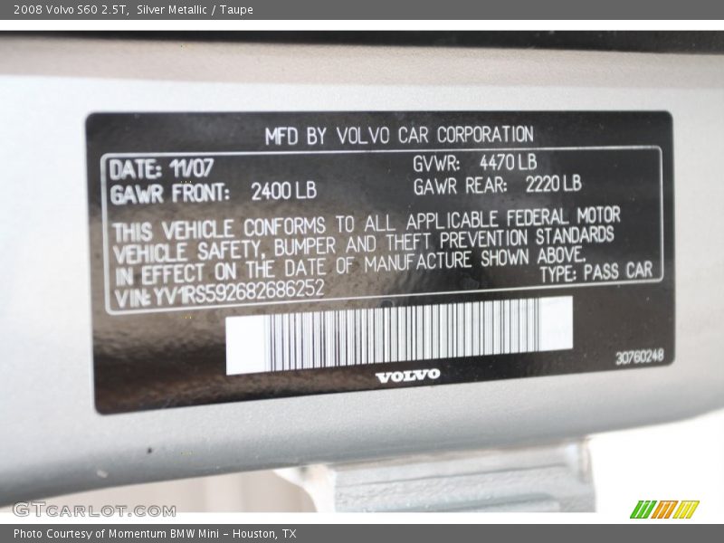 Silver Metallic / Taupe 2008 Volvo S60 2.5T