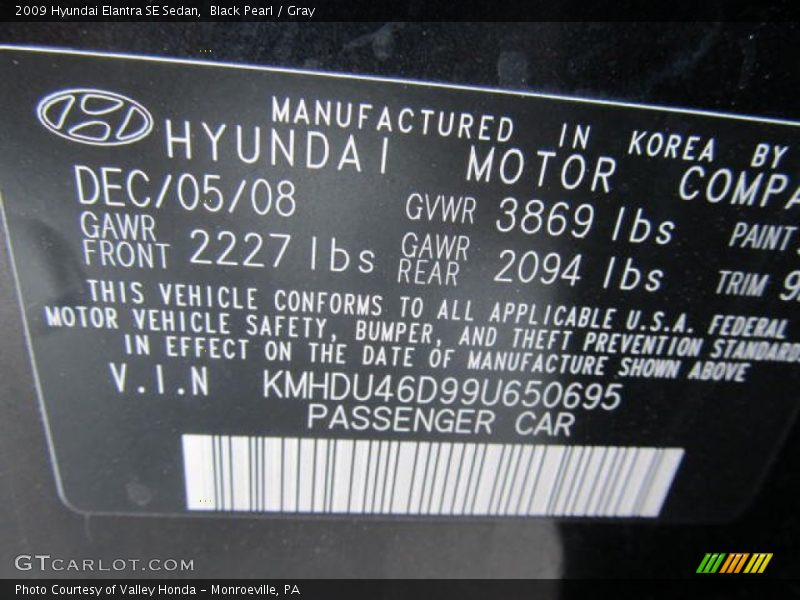 Black Pearl / Gray 2009 Hyundai Elantra SE Sedan
