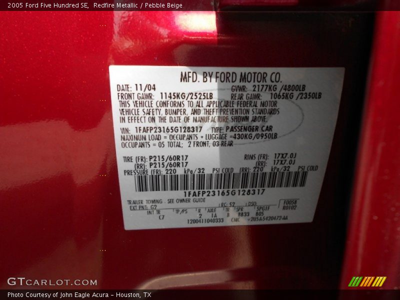 2005 Five Hundred SE Redfire Metallic Color Code G2