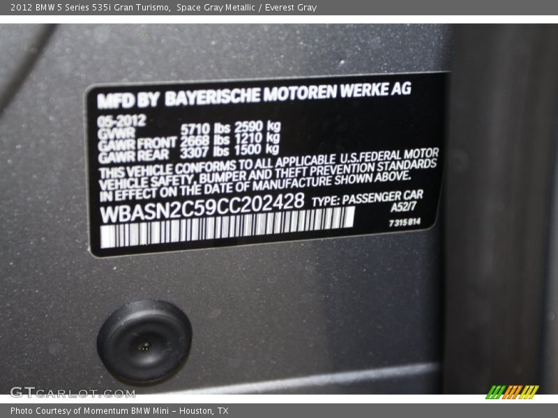 Space Gray Metallic / Everest Gray 2012 BMW 5 Series 535i Gran Turismo
