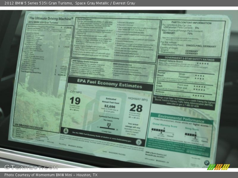  2012 5 Series 535i Gran Turismo Window Sticker