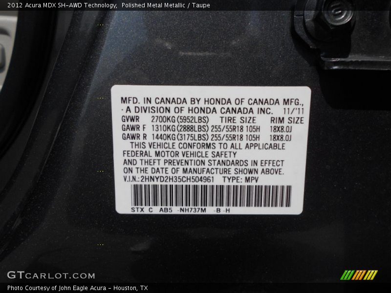 2012 MDX SH-AWD Technology Polished Metal Metallic Color Code NH737M