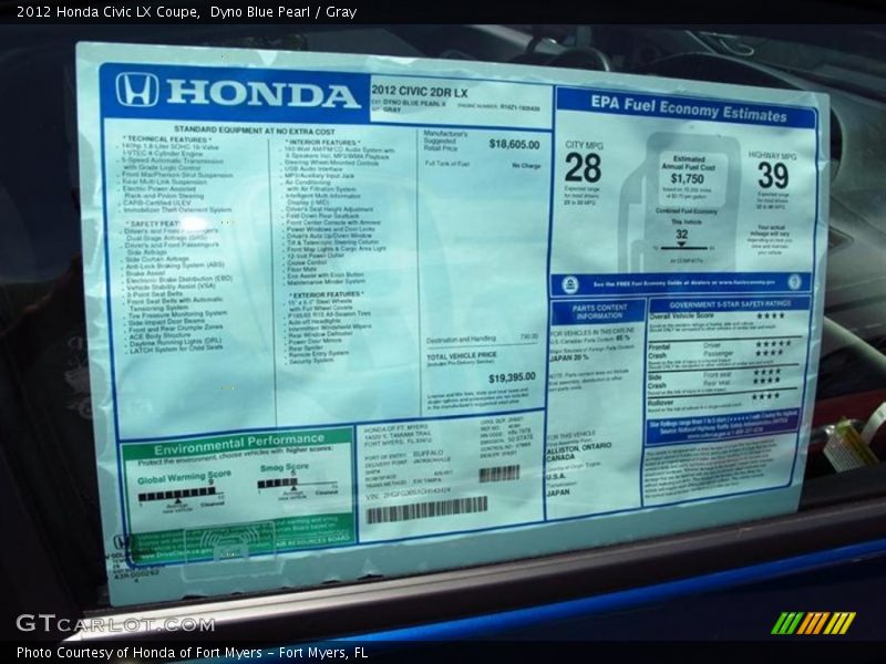 Dyno Blue Pearl / Gray 2012 Honda Civic LX Coupe