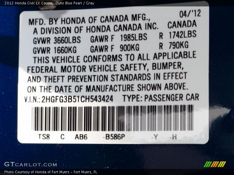Dyno Blue Pearl / Gray 2012 Honda Civic LX Coupe