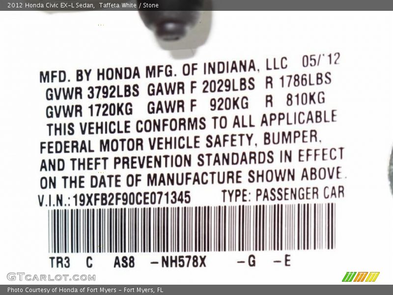 Taffeta White / Stone 2012 Honda Civic EX-L Sedan