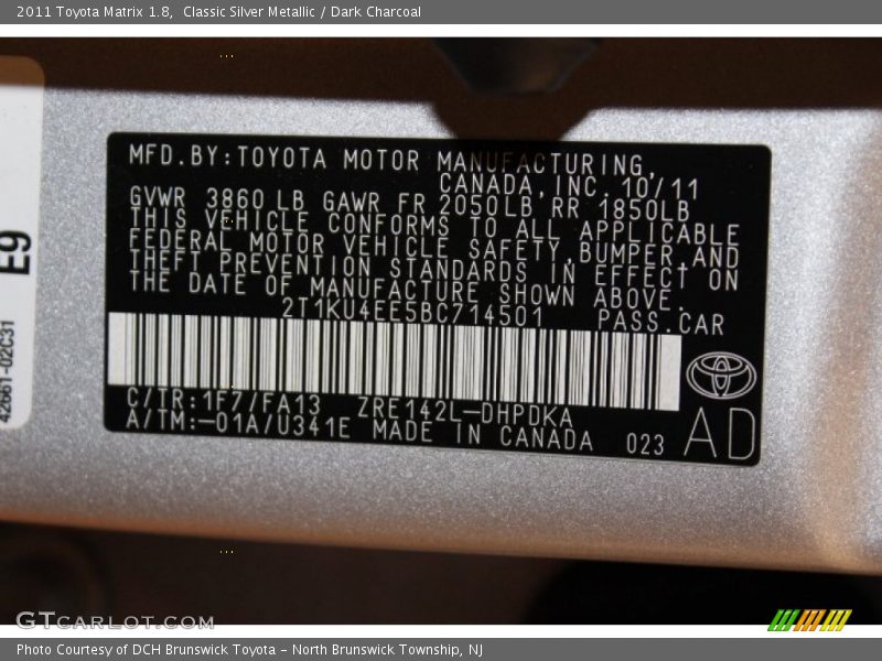 2011 Matrix 1.8 Classic Silver Metallic Color Code 1F7