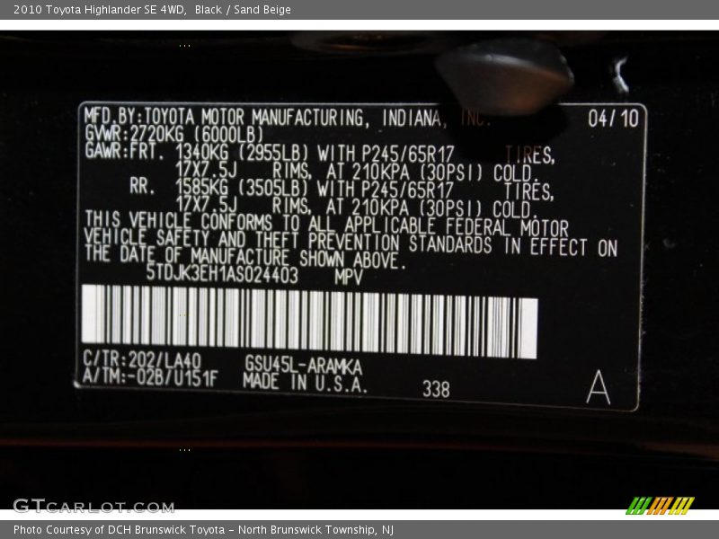 Black / Sand Beige 2010 Toyota Highlander SE 4WD