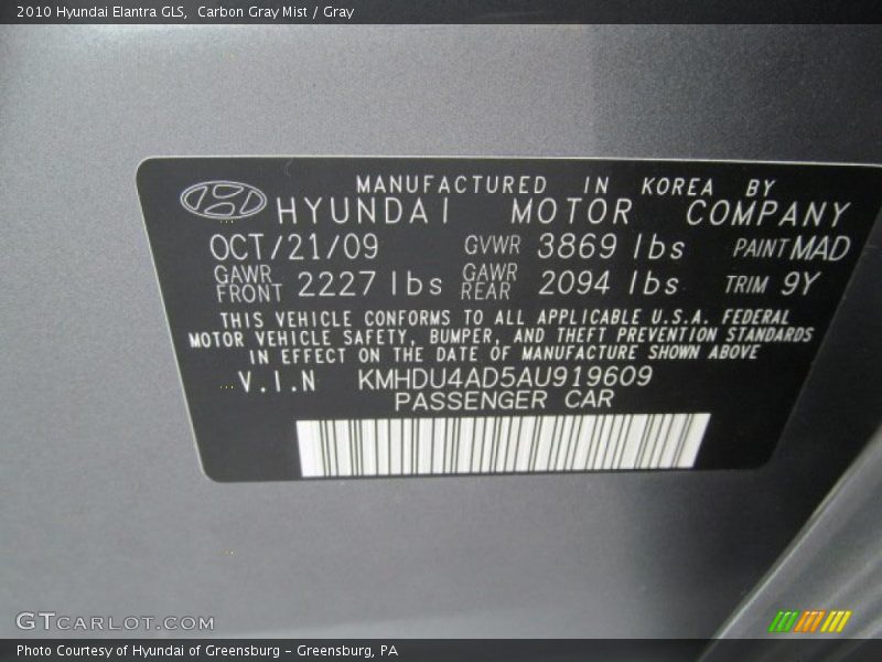 Carbon Gray Mist / Gray 2010 Hyundai Elantra GLS