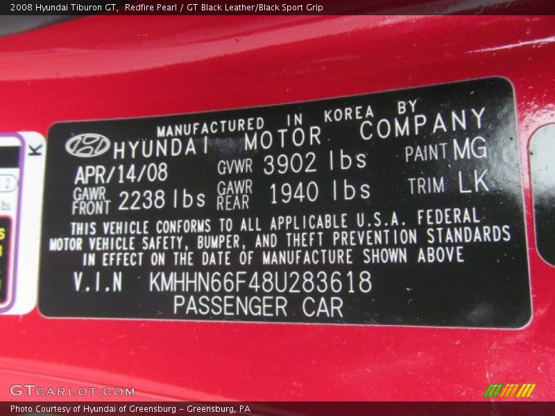 2008 Tiburon GT Redfire Pearl Color Code MG