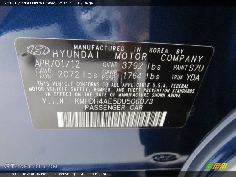 Atlantic Blue / Beige 2013 Hyundai Elantra Limited