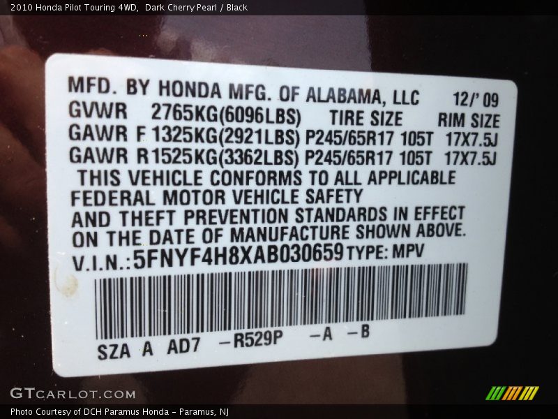 Dark Cherry Pearl / Black 2010 Honda Pilot Touring 4WD