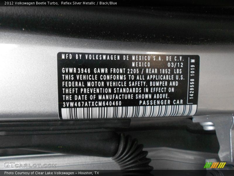 Reflex Silver Metallic / Black/Blue 2012 Volkswagen Beetle Turbo