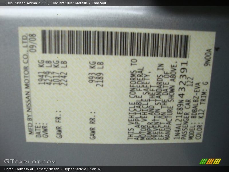 2009 Altima 2.5 SL Radiant Silver Metallic Color Code K12