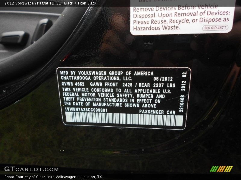 Black / Titan Black 2012 Volkswagen Passat TDI SE
