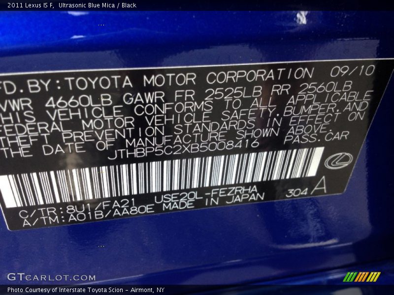 2011 IS F Ultrasonic Blue Mica Color Code 8U1