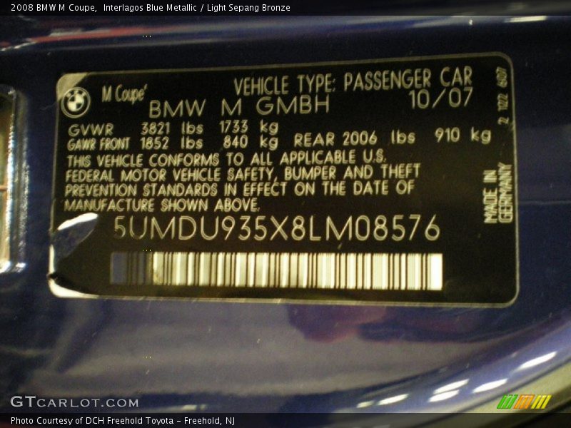 Info Tag of 2008 M Coupe