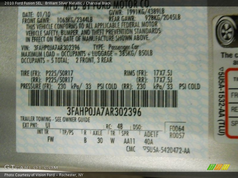 Brilliant Silver Metallic / Charcoal Black 2010 Ford Fusion SEL