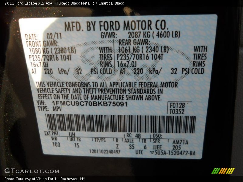 Tuxedo Black Metallic / Charcoal Black 2011 Ford Escape XLS 4x4