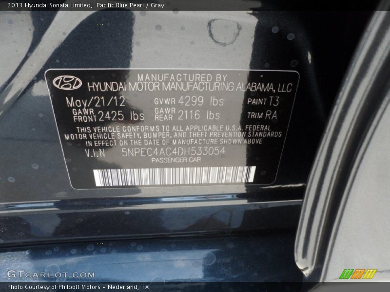 Pacific Blue Pearl / Gray 2013 Hyundai Sonata Limited