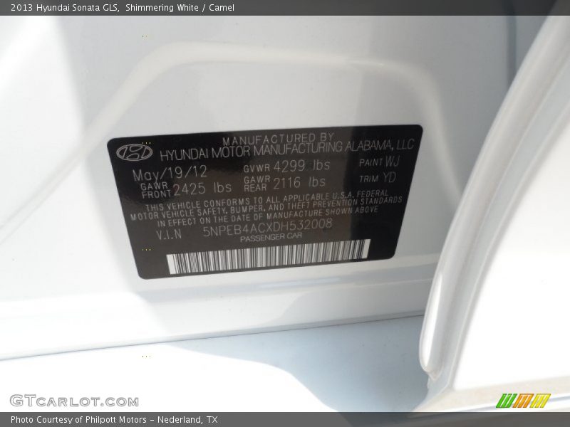 Shimmering White / Camel 2013 Hyundai Sonata GLS