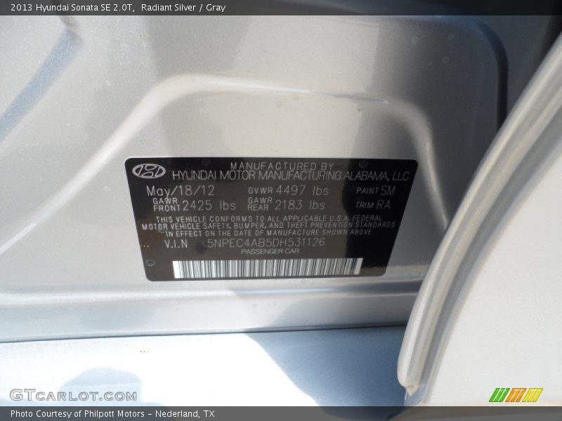 Radiant Silver / Gray 2013 Hyundai Sonata SE 2.0T