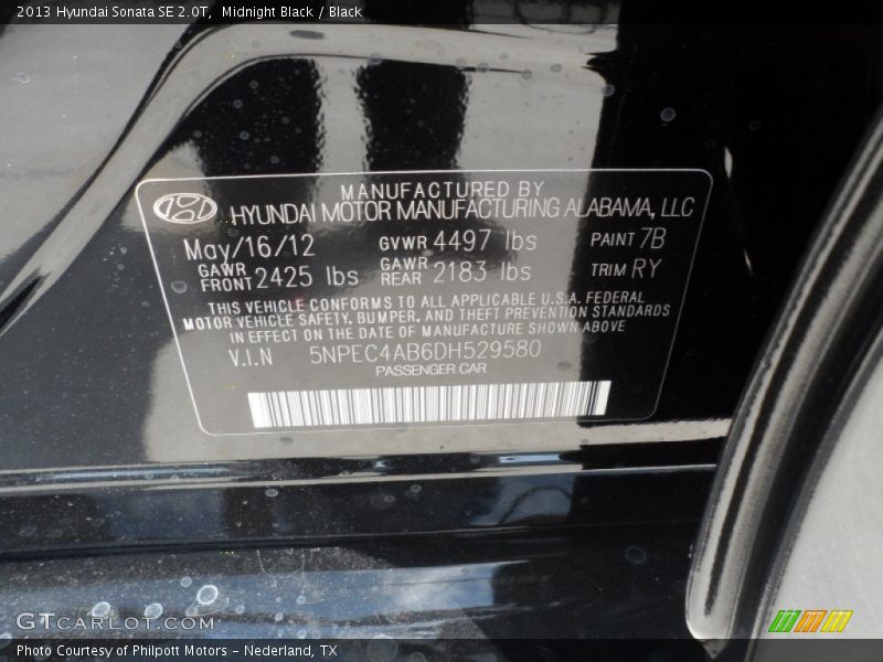 Midnight Black / Black 2013 Hyundai Sonata SE 2.0T