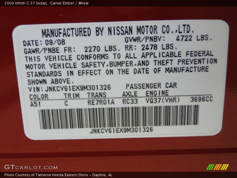Garnet Ember / Wheat 2009 Infiniti G 37 Sedan