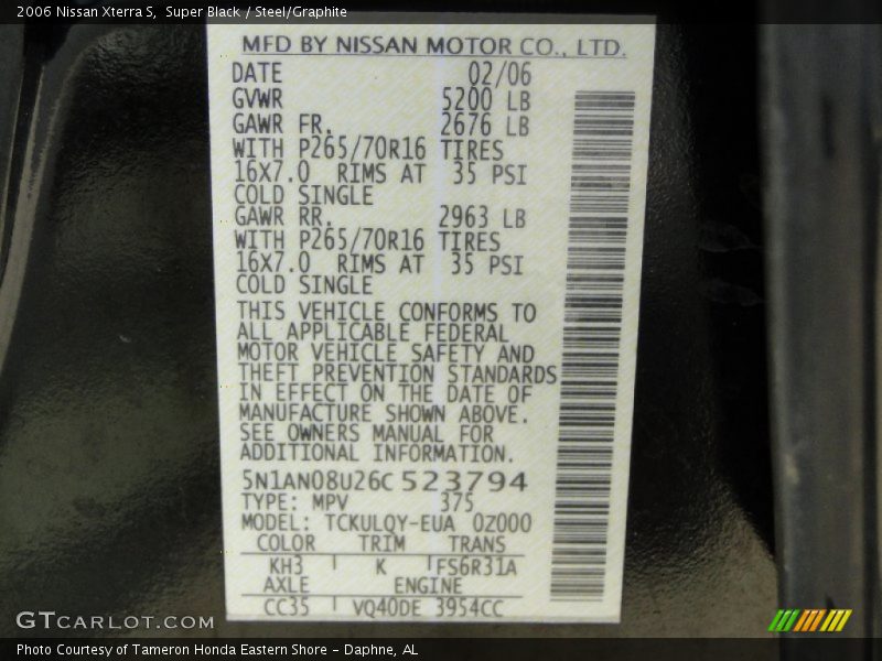 2006 Xterra S Super Black Color Code KH3