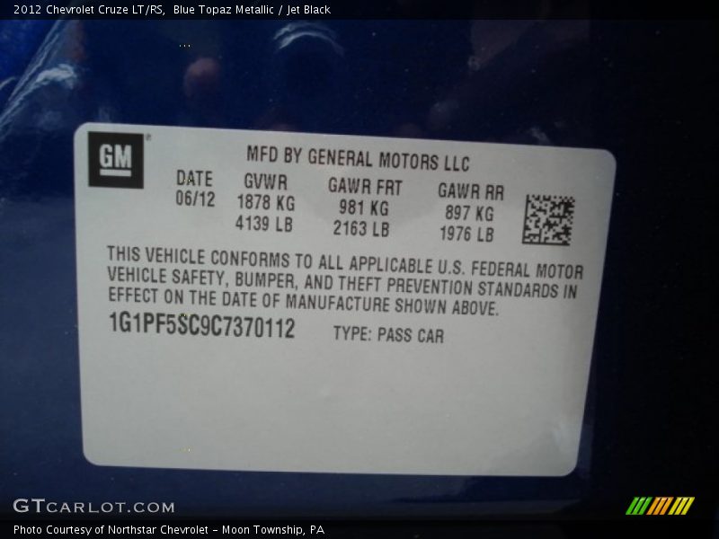 Blue Topaz Metallic / Jet Black 2012 Chevrolet Cruze LT/RS