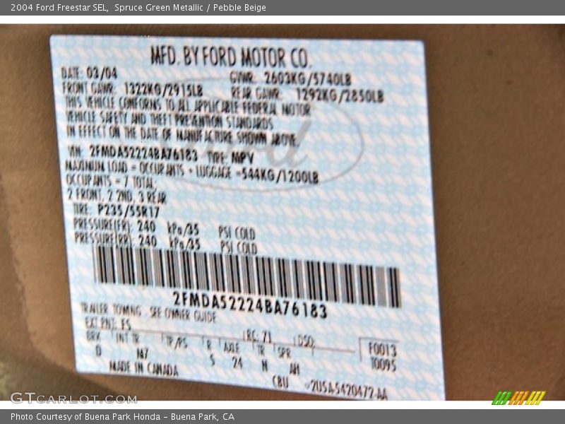 2004 Freestar SEL Spruce Green Metallic Color Code FS