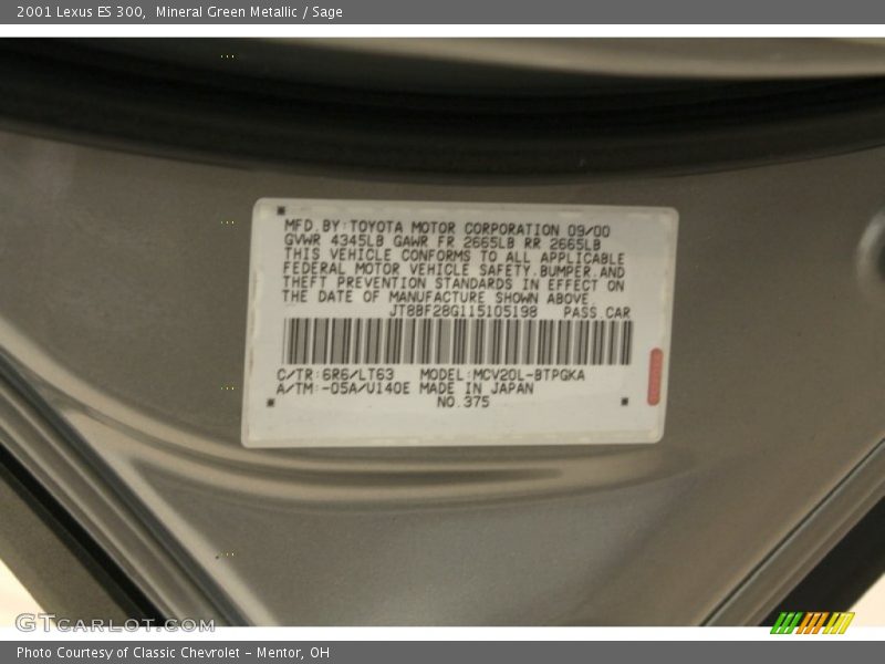 2001 ES 300 Mineral Green Metallic Color Code 6R6