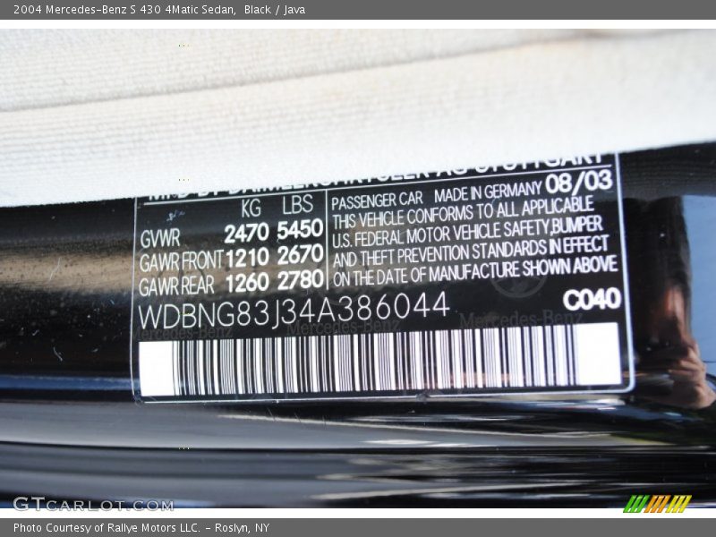 2004 S 430 4Matic Sedan Black Color Code 040