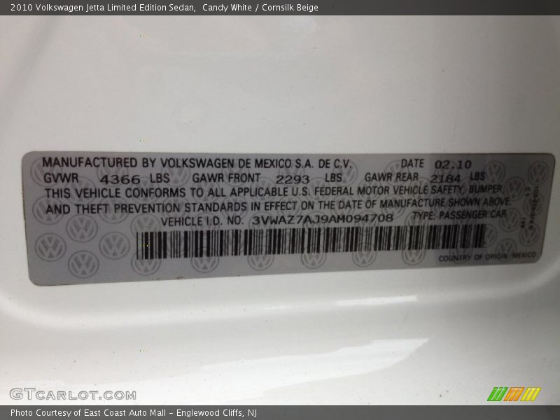Candy White / Cornsilk Beige 2010 Volkswagen Jetta Limited Edition Sedan