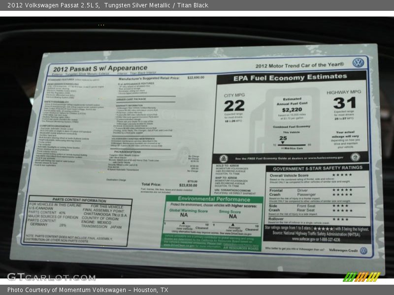 Tungsten Silver Metallic / Titan Black 2012 Volkswagen Passat 2.5L S