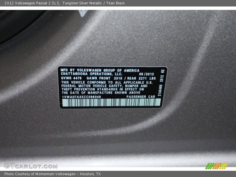 Tungsten Silver Metallic / Titan Black 2012 Volkswagen Passat 2.5L S