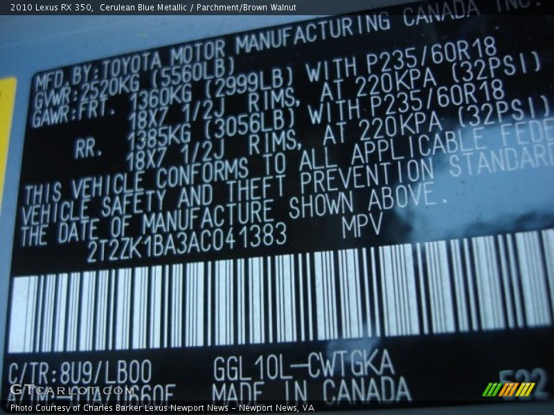 Cerulean Blue Metallic / Parchment/Brown Walnut 2010 Lexus RX 350